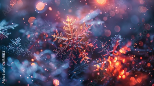 Detailed Snowflake Close Up With Blurry Lights