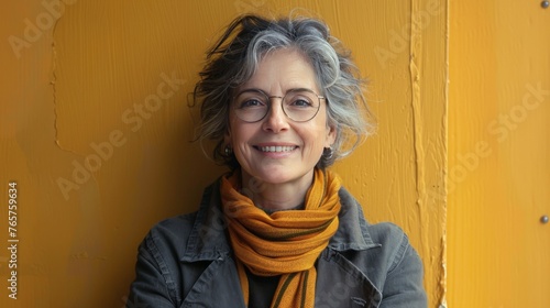 Woman in Glasses by Yellow Wall