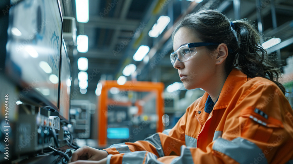 A female industrial engineer in a contemporary industrial setting actively engaging with automated robotic machinery