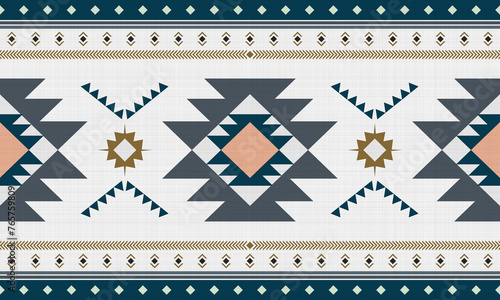 Green and grey ethnic native mexican style rug, Navajo tribal vector seamless pattern, Native American ornament, Ethnic South Western decor style, Boho geometric ornament.