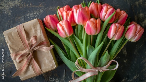 Pink Tulips in Gift Box With Pink Streamers