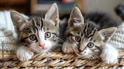 Three Small Kittens Sitting in a Basket