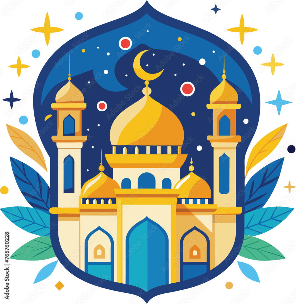 Vector illustration of a mosque with moon and stars in the background.