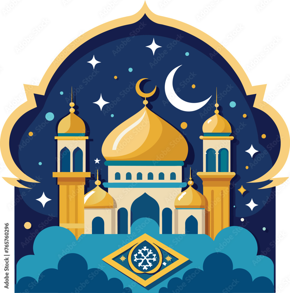 Mosque on the background of the night sky. Vector illustration.