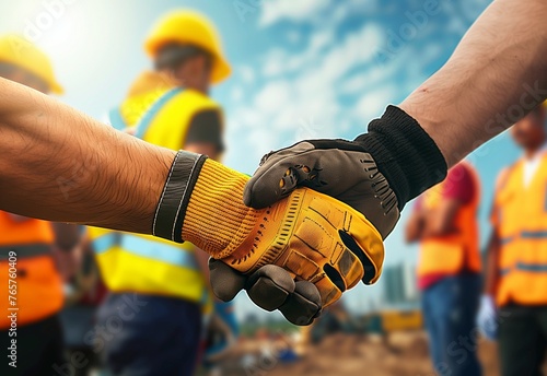 Close up of two construction workers shaking hands with other people in the background, sunny day, worker wearing a yellow helmet holding out his hand for a handshake, outdoor setting
