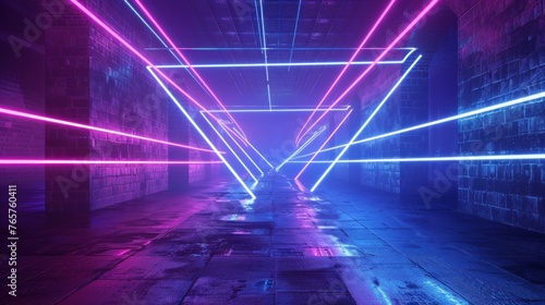 Tunnel with Abstract neon light Background.Laser Stage Show Gate 3D Rendering Illustration