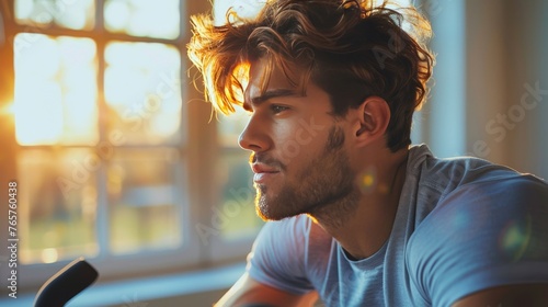 Man Riding Bicycle in Front of Window