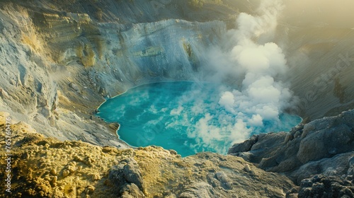 The volcanic crater and acidic crater lake are turquoise at sunrise and sulfur fumes in the morning photo