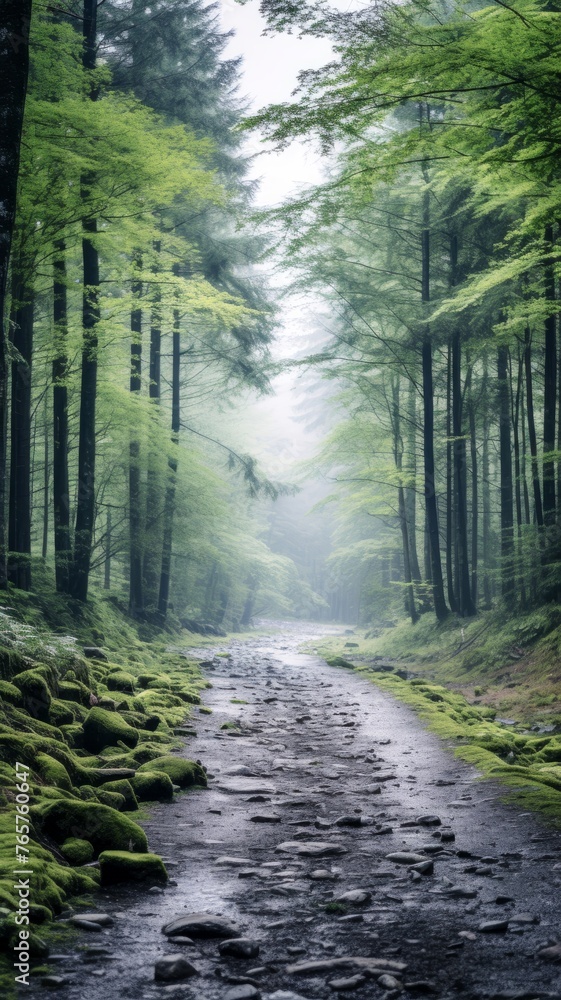 Fototapeta premium Serpentine Stream Flowing Through a Vibrant Green Forest. Generative AI.