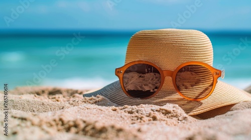 Hat and Sunglasses on Beach With Ocean Background