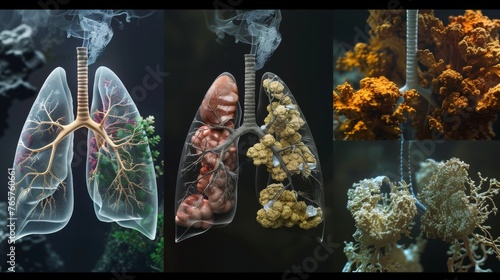A collage of images depicting the progression of lung damage caused by smoking, from healthy lungs to diseased and damaged lungs
