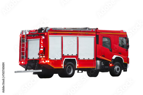 Isolated on white firetruck rushes to the scene of a fire with a siren