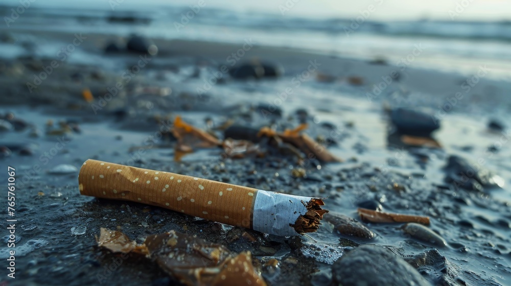 A conceptual image of a broken cigarette lying on a polluted beach, highlighting the connection between smoking and environment - obrazy, fototapety, plakaty 