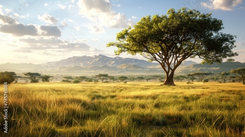 Wild savanna landscape in summer with acacia trees  grass  panoramic view.