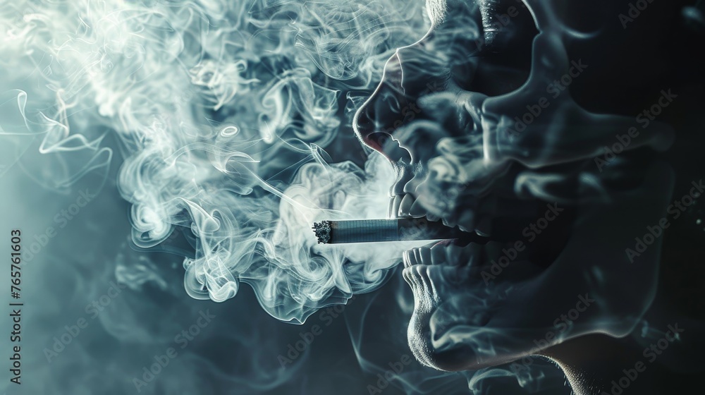 A conceptual photo of a person blowing smoke from a cigarette, with the smoke forming the shape of a skull, conveying the deadly A conceptual photo of a person blowing smoke from a cigarette, with the smoke forming the shape of a skull, conveying the deadly