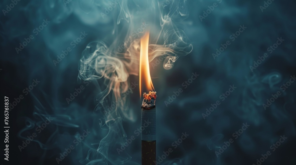 A dark and ominous image of a cigarette burning with intense smoke, creating a dramatic and scary atmosphere - obrazy, fototapety, plakaty 