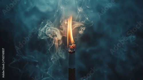 A dark and ominous image of a cigarette burning with intense smoke, creating a dramatic and scary atmosphere