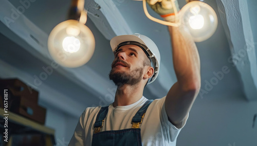 Electrician holding light bulb in hand at construction site with hard hat and overalls