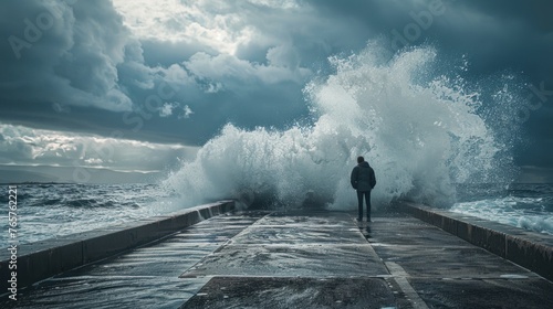 young man standing facing the sea standing on the pier facing the sea with big waves hitting the shore