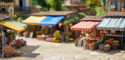 A quaint miniature village square, with a bustling market and colorful awnings shading the stalls