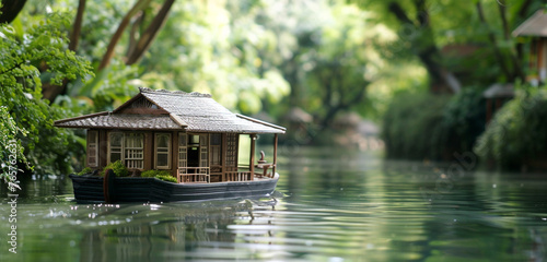 A serene miniature houseboat drifting lazily along a tranquil river, surrounded by lush greenery