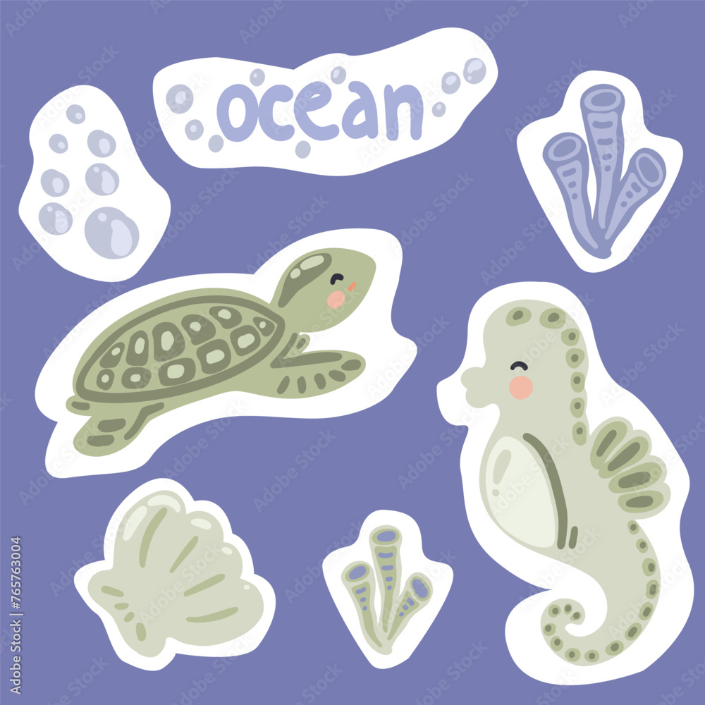 Flat design stickers ocean animals turtle seahorse and corals