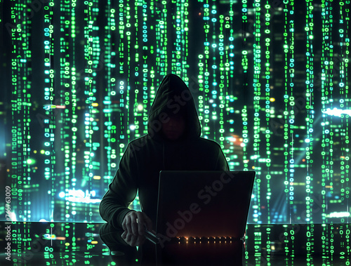 A hacker in a hoody sits in front of a laptop with a green binary code background
