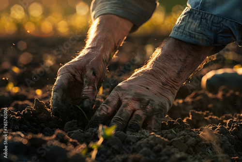a farmer's hands harvesting crops in the field, fingers stained with soil and sweat as they toil under the sun to bring in the harvest