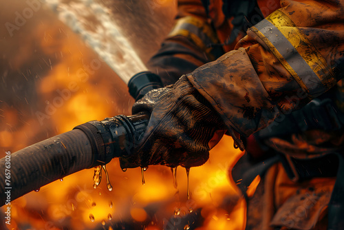 a firefighter's hands gripping a hose, battling flames with courage and determination