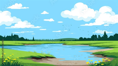 landscape with mountains with blue sky clouds wallpaper. Cartoon illustration of a road in a field with mountain and clouds. A mountain with road and blue sky. mountain Landscape with Blue Sky. © jokerhitam289