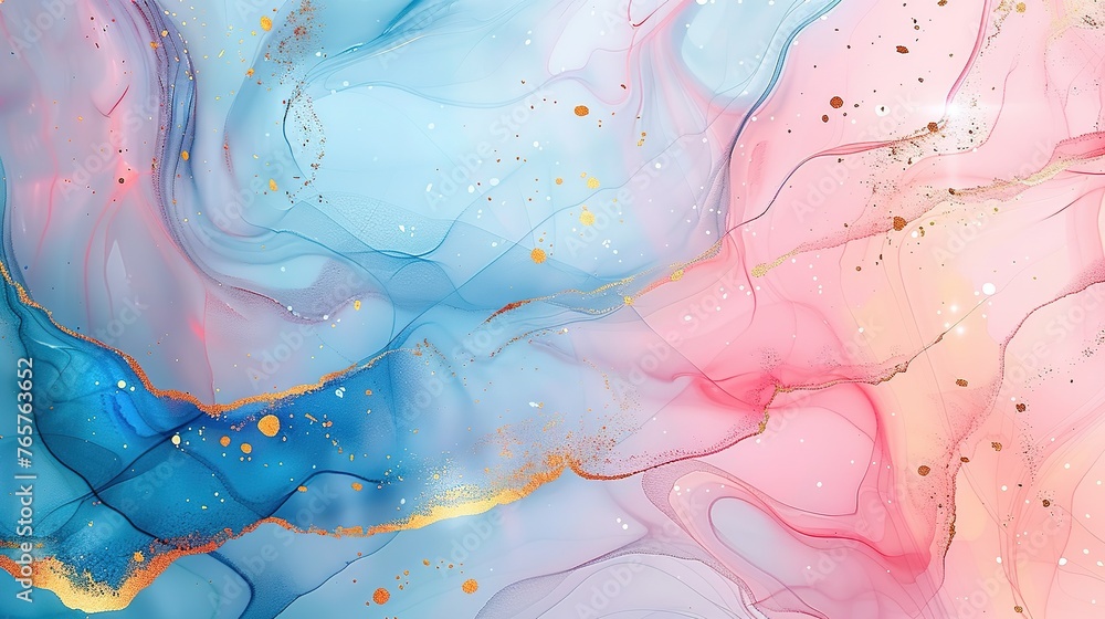 Abstract pink and blue marble background with golden veins pain	

