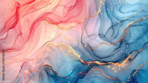 Abstract pink and blue marble background with golden veins pain 