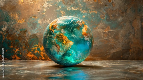 A striking artistic representation of Earth, with vibrant blue and green hues, sits on a rustic, textured background, symbolizing global unity and environmental awareness.