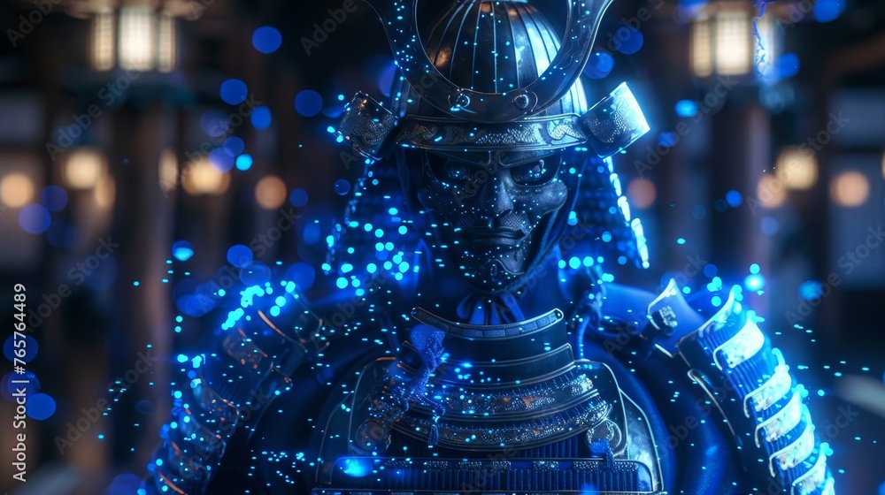 Enveloped in a cascade of ethereal blue lights, this samurai armor stands as a bridge between the ancient traditions and the digital era. - obrazy, fototapety, plakaty 