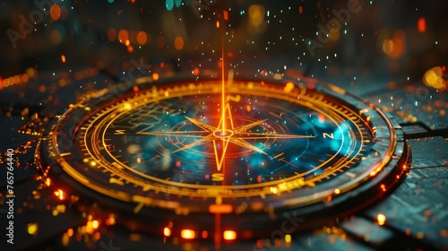 A modern, illuminated compass navigation tool surrounded by sparkling particles, glowing intensely amidst a backdrop of digital terrain.