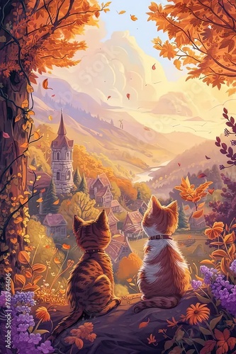 a painting of two cats sitting on a rock