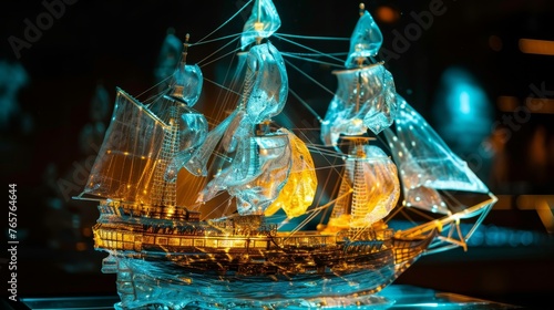 A model of a sailing ship with intricate glowing lines and sails, showcasing a blend of historical craftsmanship and futuristic lighting.