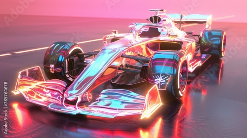 A cutting-edge Formula One race car glows with neon lighting, reflecting off a sleek surface in a futuristic racing scenario.