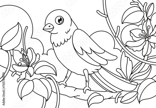Coloring Pages Birds theme. Cute little bird sits on the branch and smiles. Printable Coloring Pages Outline black and white.