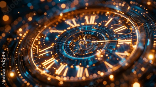 Macro shot of a sophisticated watch displaying a futuristic design and illuminated by golden highlights and bokeh effects.