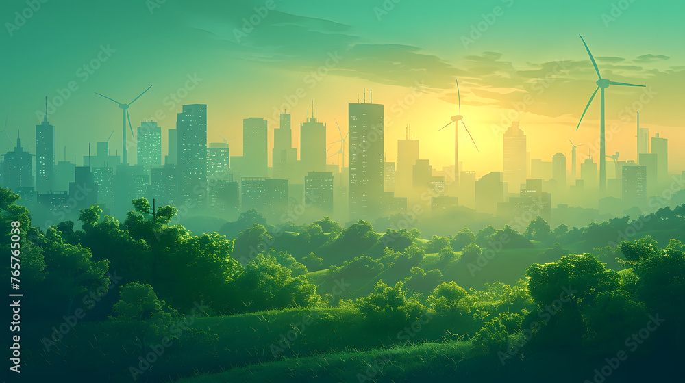 a city skyline with wind turbines, birds flying in the foreground, and lush greenery in the background.