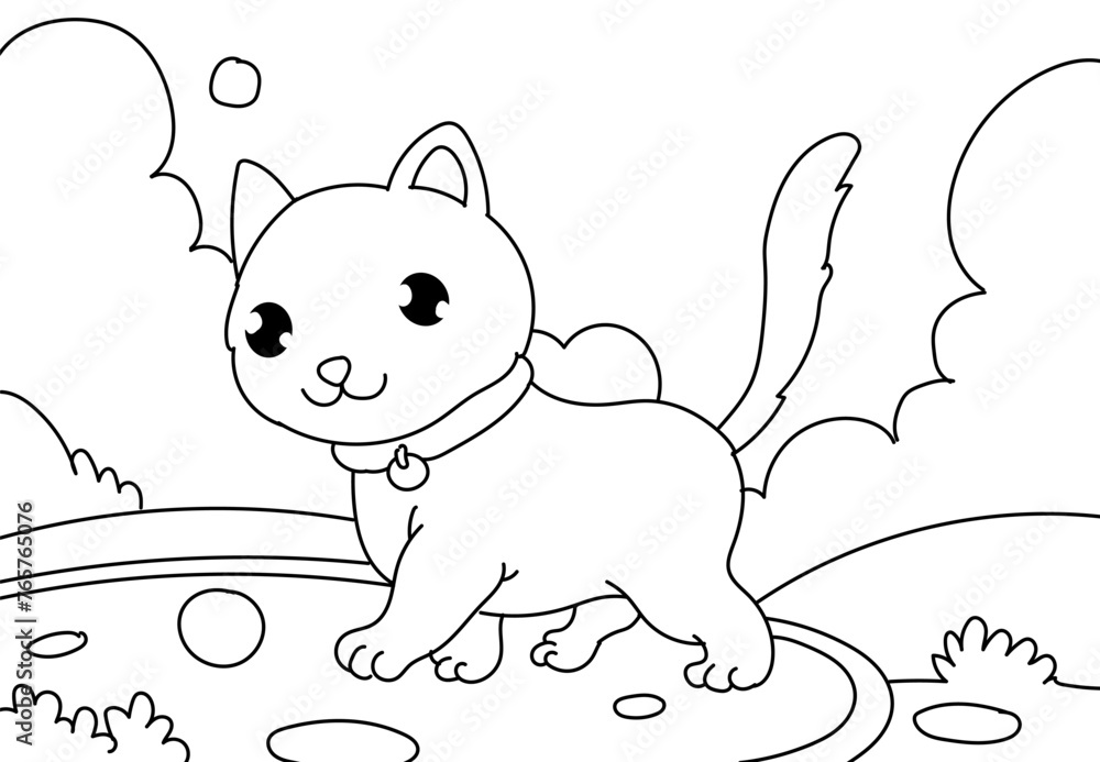 Fototapeta premium coloring pages of funny kitten playing with a ball. Printable Coloring Pages Outline black and white.
