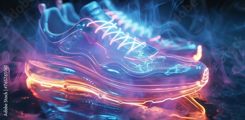 A pair of high-tech sneakers emits a vibrant neon glow, encapsulating a fusion of fashion and futuristic design.