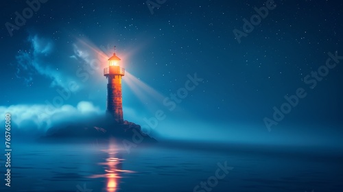 A lighthouse stands as a guiding light amidst the clouds, shining over tranquil seas under a star-filled sky.