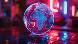 A holographic digital world map globe shines with neon illumination, placed in a contemporary urban environment.