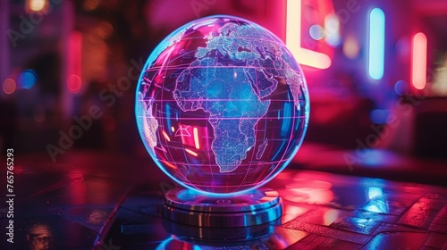 A holographic digital world map globe shines with neon illumination, placed in a contemporary urban environment.
