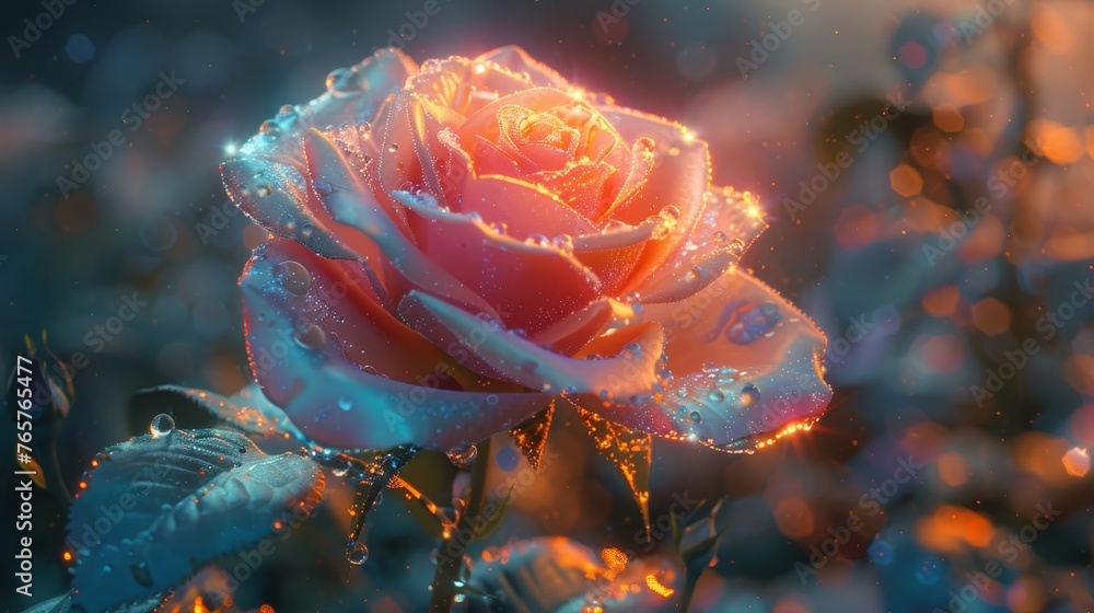 A solitary rose bathed in an otherworldly glow, with delicate dewdrops adorning its petals, creates a scene of serene beauty. - obrazy, fototapety, plakaty 