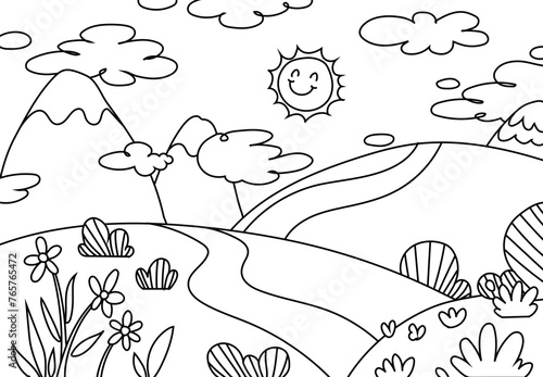 Coloring Pages of Meadow with a backdrop of grasslands, mountains and trees, sun smiled.