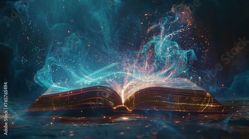 A captivating scene of an open book radiating with magical blue wisps and sparkling lights, symbolic of the enchanting power of reading.