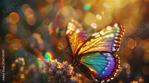 A vibrant butterfly with iridescent wings rests on a flower, bathed in the golden glow of the sun, surrounded by a bokeh of light. © Sodapeaw